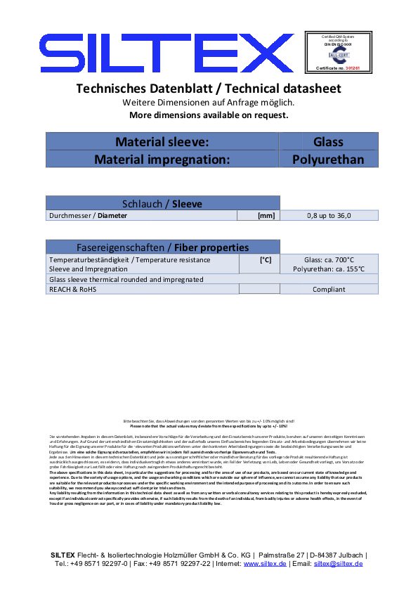 Siltex Datenblatt-Glasseidenschlauch-SV13
