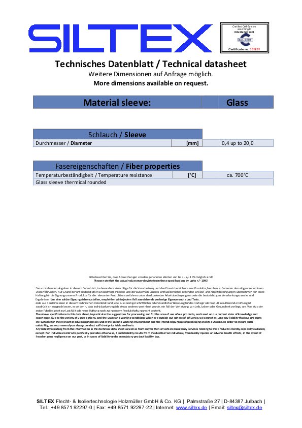 Siltex Datenblatt-Glasseidenschlauch-SV51
