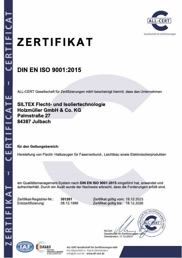Siltex ISO 9001 Zertifikat